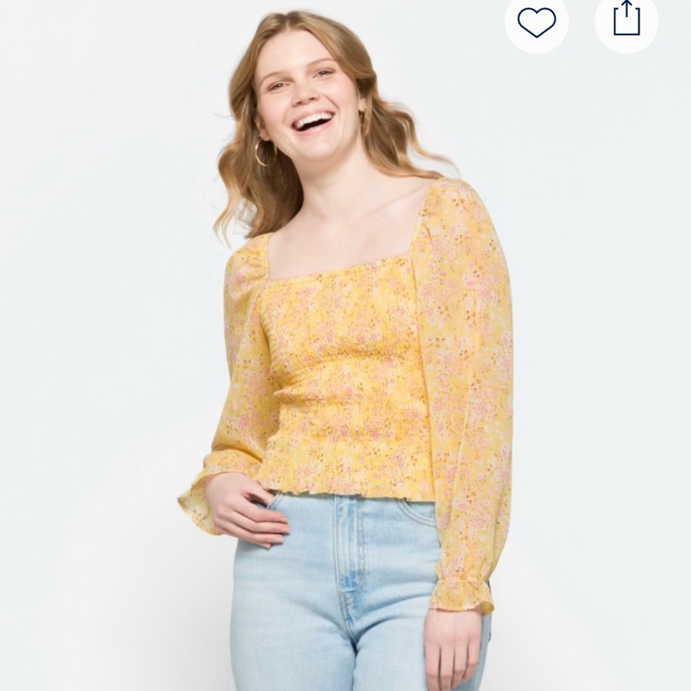 Lush Yellow Smocked Puff Sleeve Floral Blouse